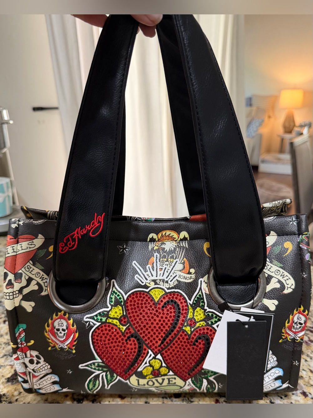 NWT Ed Hardy Love Kills Slowly Black Tote Bag Shoulder Purse Hearts Tiger
